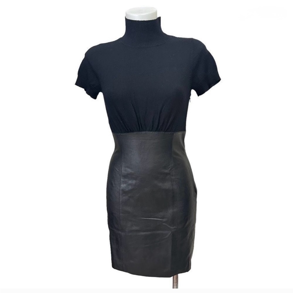 SUSANA MONACO Black Merino Wool Knit & Leather Skirt Mini Dress sz S - Picture 2 of 6